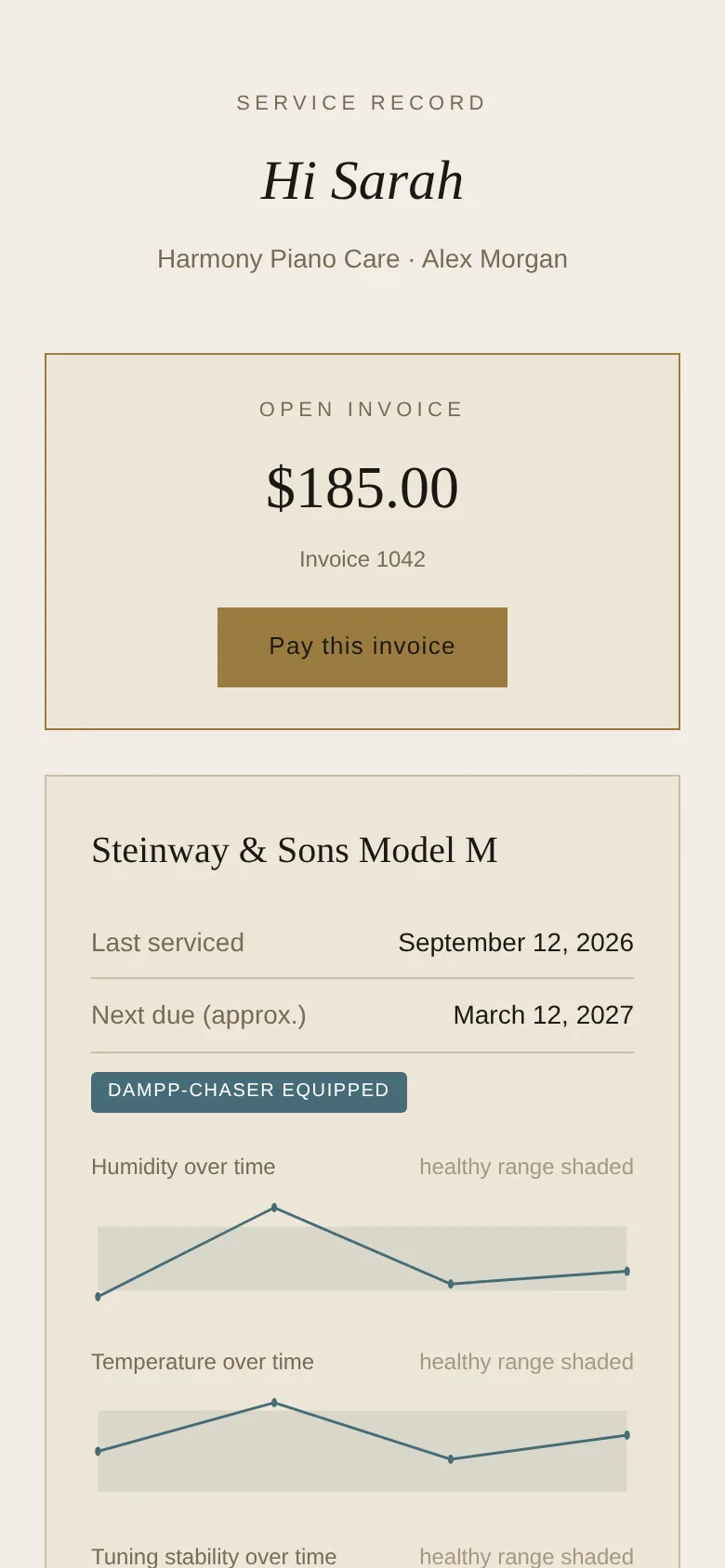 A client’s Cantus page on a phone, with an open invoice and a Pay this invoice button